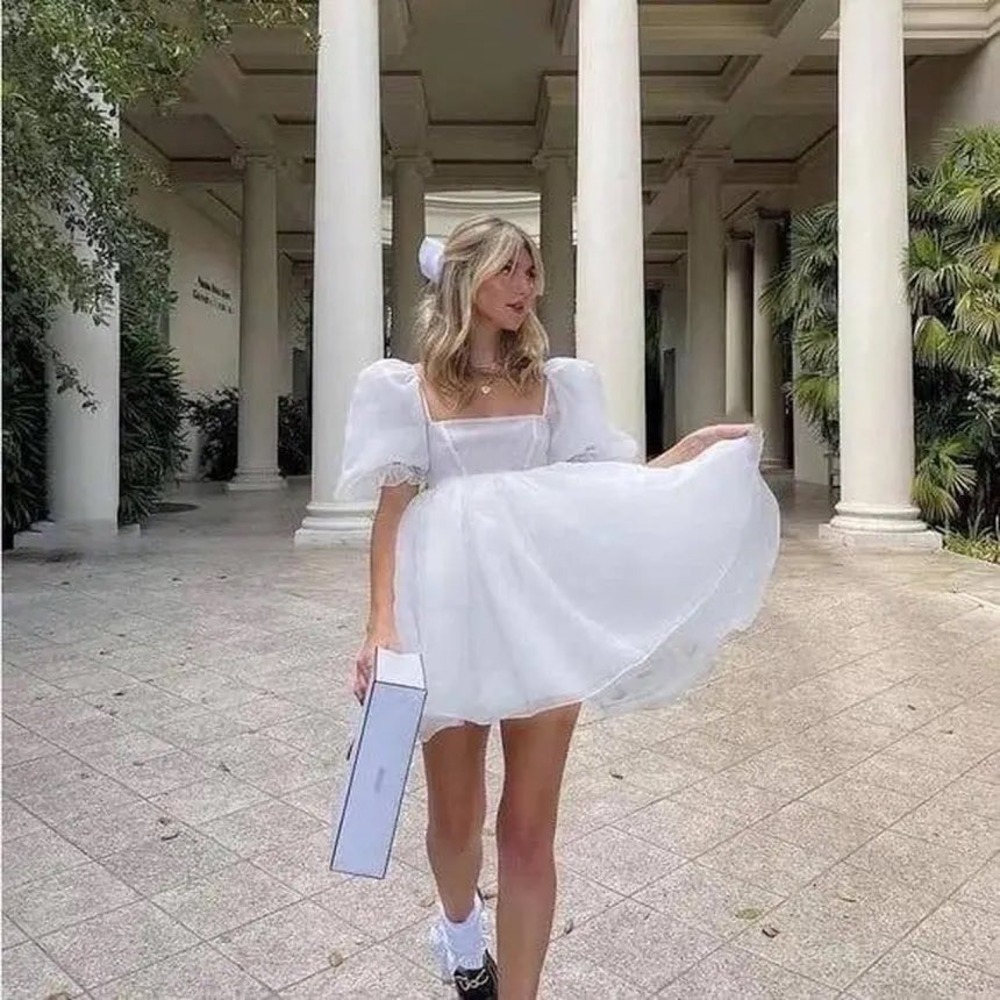 Selkie White Puff Dress Size Medium Organza Mini Babydoll - Picture 15 of 15